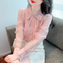 Pink Shirt Women 2023 Fall New French Puff Sleeves Luxury Heavy Industry Stand Collar Lace Embroidery Women Clothing