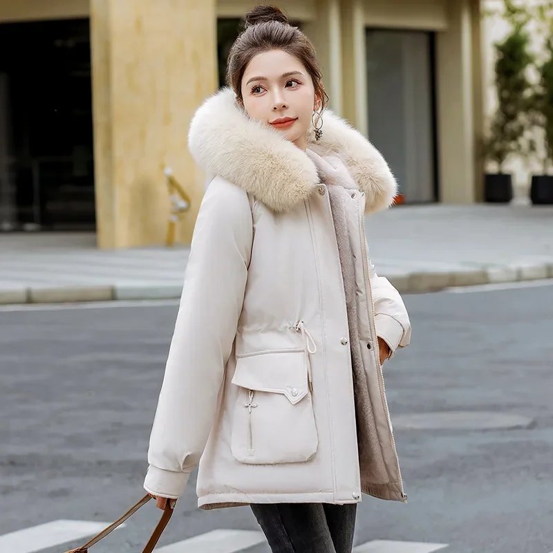 Women Winter Jacket Parka Clothes Loose Coat Wool Liner Hooded Jacket Fur Collar Warm Thick Snow Wear Oversize Padded Parka