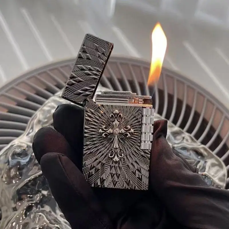 New Metal Handmade Grinding Wheel Lighter Personalized Side Slip High Pitched Open Flame Refillable Outdoor Lighter Men's Gift