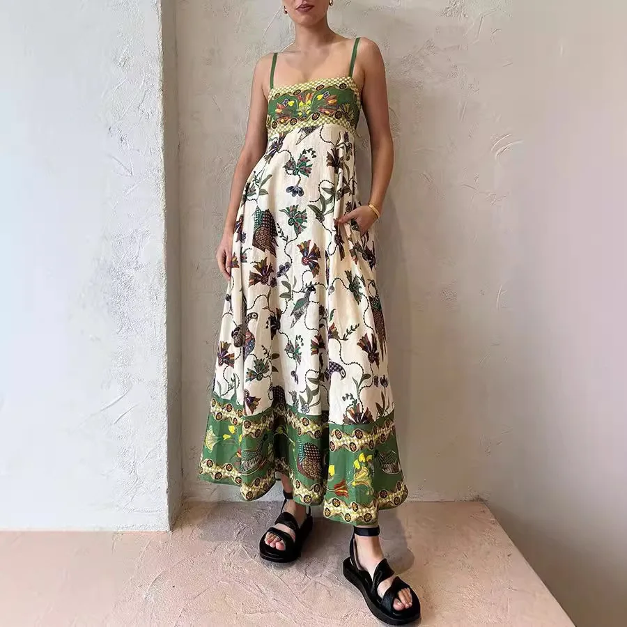 

2025 Summer Women's Casual Loose V-neck Floral Printed Spaghetti Strap Maxi Dresses Beach Vacation Long Party Dress