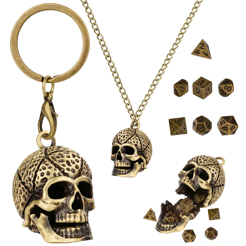 7pcs Tiny Metal Polyhedral Dice Set with Pendant Portable Key Ring Necklace Chain Hollow Skull Head Dices Storage Case