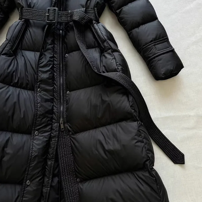 سترة شتوية طويلة رفيعة الخصر، معطف سميك أسود بقلنسوة، معاطف بينغهو النسائية الراقية 90% بطة بيضاء #6