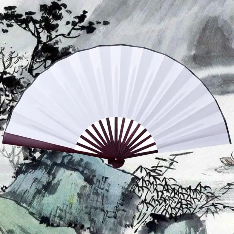 13 Inch Silk Cloth Blank Folding Fan Chinese Wooden Bamboo Antiquity Folding Fan For Calligraphy Painting Home Decor