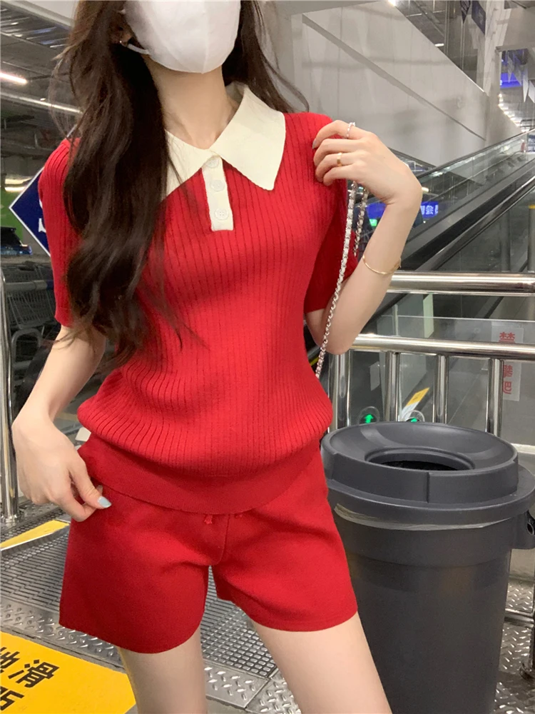 

Summer Women's Elegant Two Piece Set Fashion Lapel Short Sleeve Loose Knitted Pullover Tops + Shorts Casual Holiday Outfits
