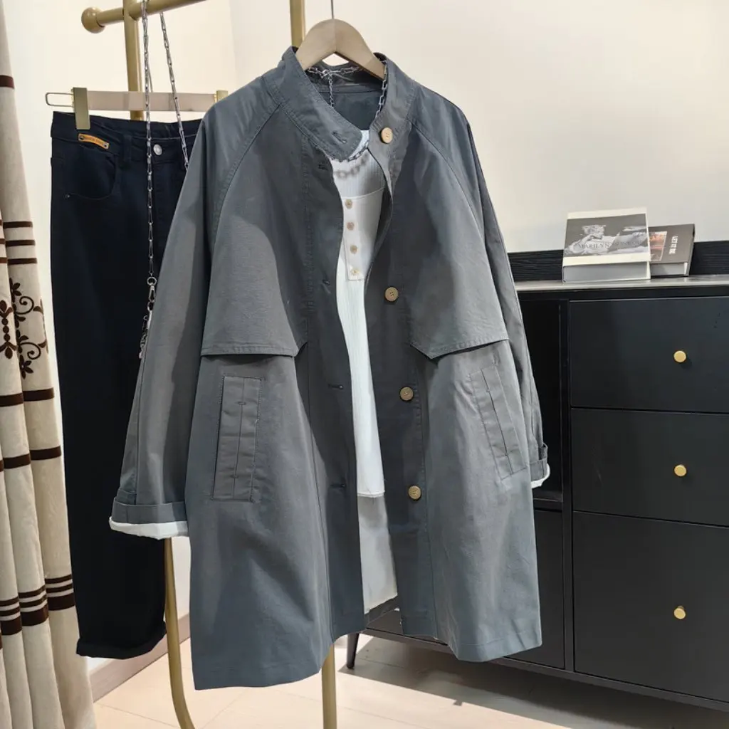 

Women's Windbreaker Coat Casual Korean Single-breasted Mid-length Cotton Collar Top for Spring And Autumn