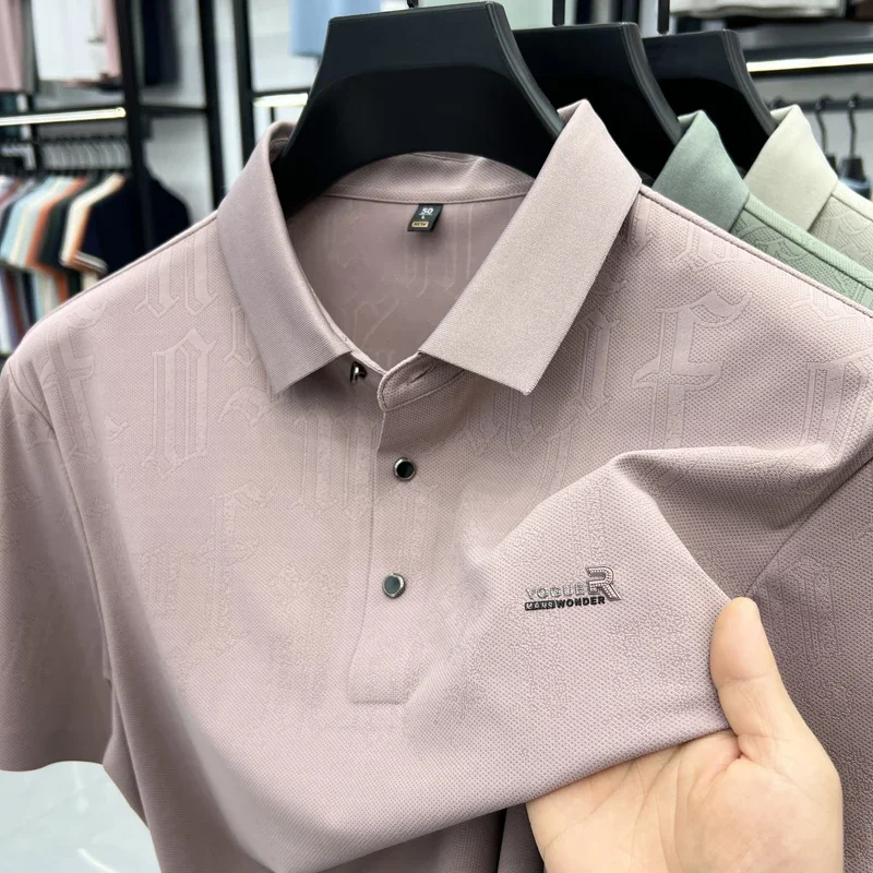 

Футболка с коротким рукавом Высококачественная летняя рубашка-поло Jinamic из ледяного шелка с лацканами Крутая жаккардовая рубашка-поло без маркировки Тонкий деловой топ Роскошный дизайнер