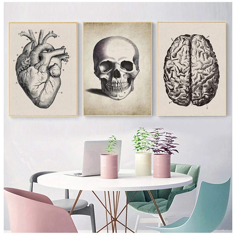 Brain Finger skull Human Anatomy Poster Vintage Wall Art Canvas Painting Nordic Posters And Prints Wall Pictures For Living Room