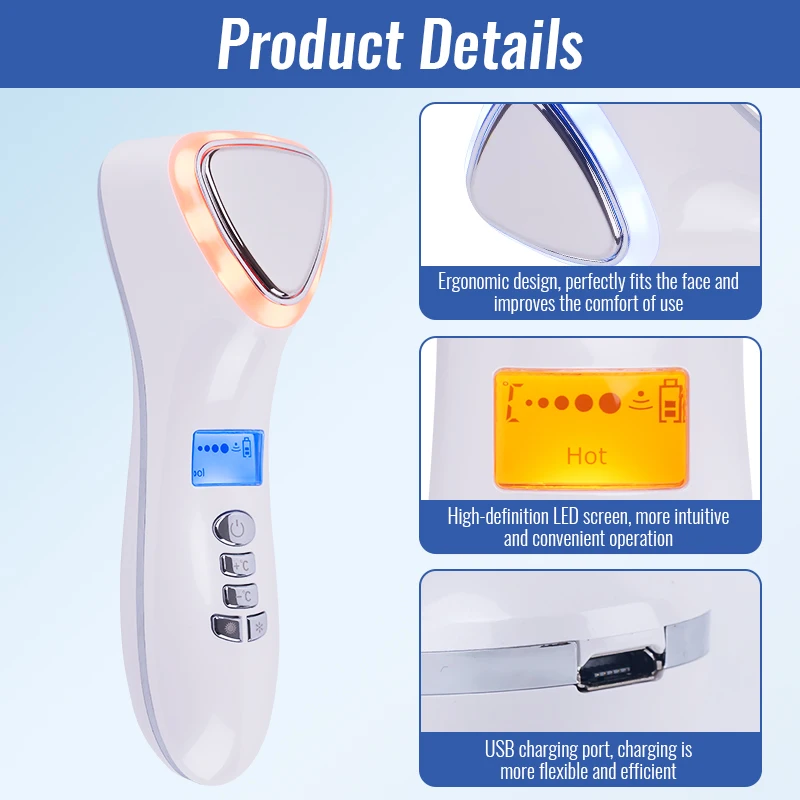 Urządzenie do pielęgnacji skóry z funkcją ciepłego i zimnego kompresowania, wibracjami sonicznymi, światłem czerwonym i niebieskim, poprawiające matowość, oczyszczające pory i wygładzające skórę.