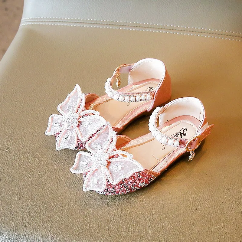 

Size 21-35 Girl Sandals 2024 Spring Summer Korean Style Baby Girl Bow Princess Shoes Kids Fashion Sequin Dance Performance Shoes