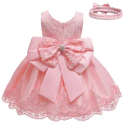 New summer Baby Dress Lace Big bow Pink Baptism Dresses for Girls 1st year birthday party wedding baby clothing 3-10 Years