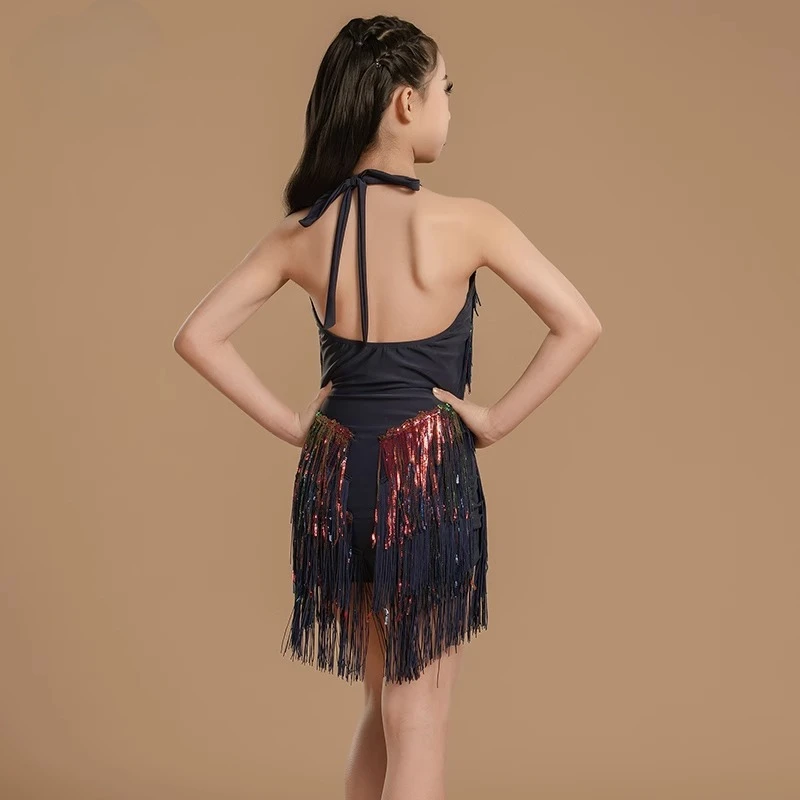 Costume de danse latine coloré, Costume de spectacle, jupe de danse latine pour filles à franges pailletées