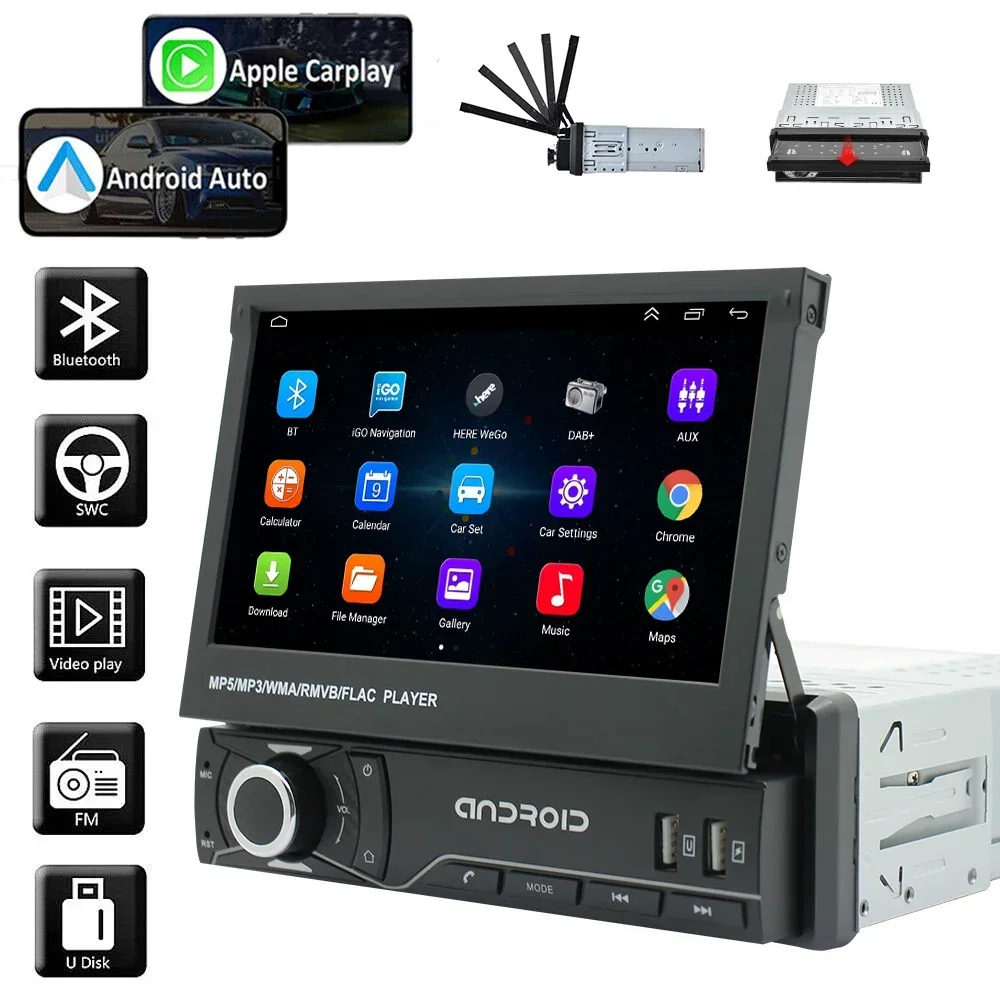 

Android 14 Car Radio 1Din Auto Carplay 7" HD Universal Stereo GPS Navi Retractable Screen Car Radio multimedia Video Head Unit