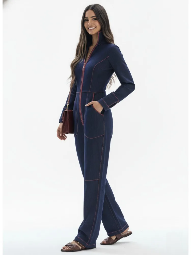 Bonboho Women's Dark Blue Denim Contrast Stitching Zipper Stand Collar Slim Fit Wide Leg Jumpsuit Streetwear One-piece Suit