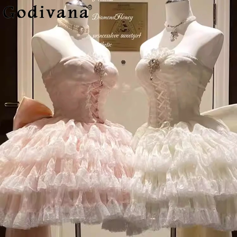 

Summer Pink Tube Top Lolita Dress Women's Short Banquet Party Bar Mitzvah Dress Girls Student Day Dating Princess Dress
