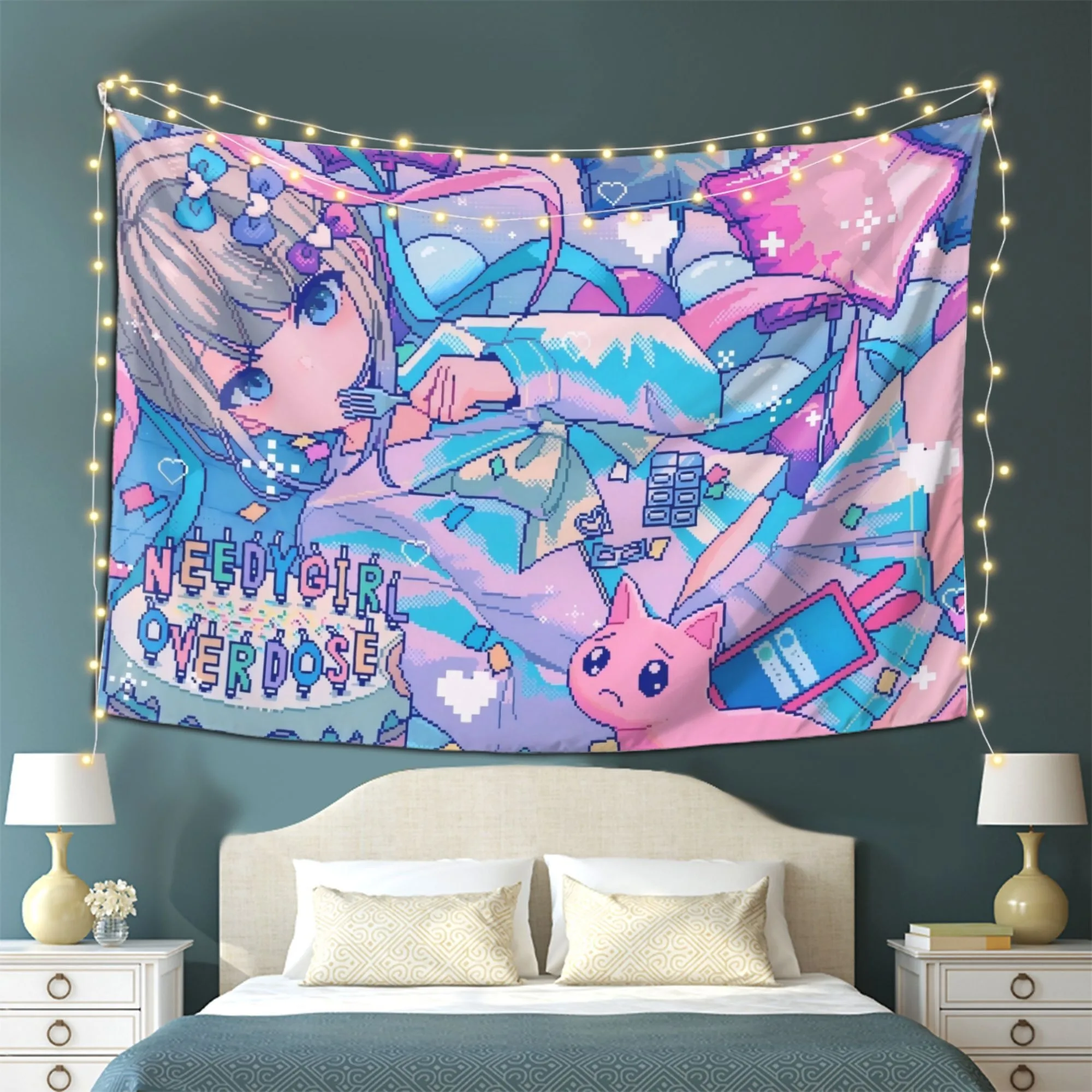 1pc Needy Girl Overdose Pixel Tapestry Ame Chan Bed Scene Pink Cat Wall Hanging Y2K Kawaii Anime Dorm Decor aesthetic room decor