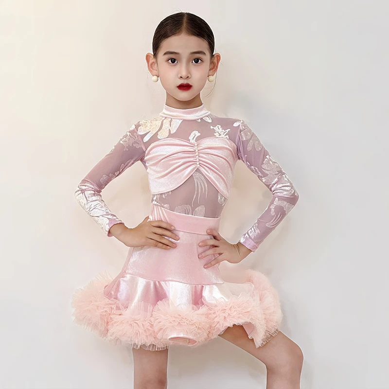 

Бело-розовый костюм для соревнований по бальным танцам, платье для выступлений в латинских танцах с длинными рукавами для девочек, детская танцевальная одежда для самбы, румбы, 14596