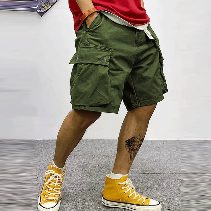 Vintage Solid Color Shorts Men Fashion Patchs Pockets Design Loose Cargo Short Pant Mens Spring Summer Streetwear Men's Shorts