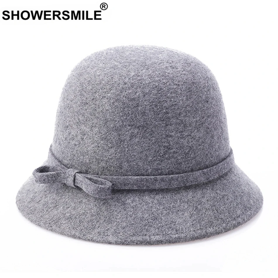 

SHOWERSMILE Gray Wool Fedora Hat Women Elegant Ladies Felt Hat with Belt British Style Winter Female Vintage Solid Woolen Fedora