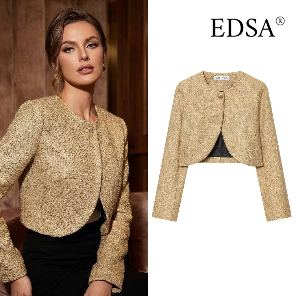 EDSA Cappotto da donna corto con filo metallico testurizzato, punto aperto, maniche lunghe, capispalla primavera estate