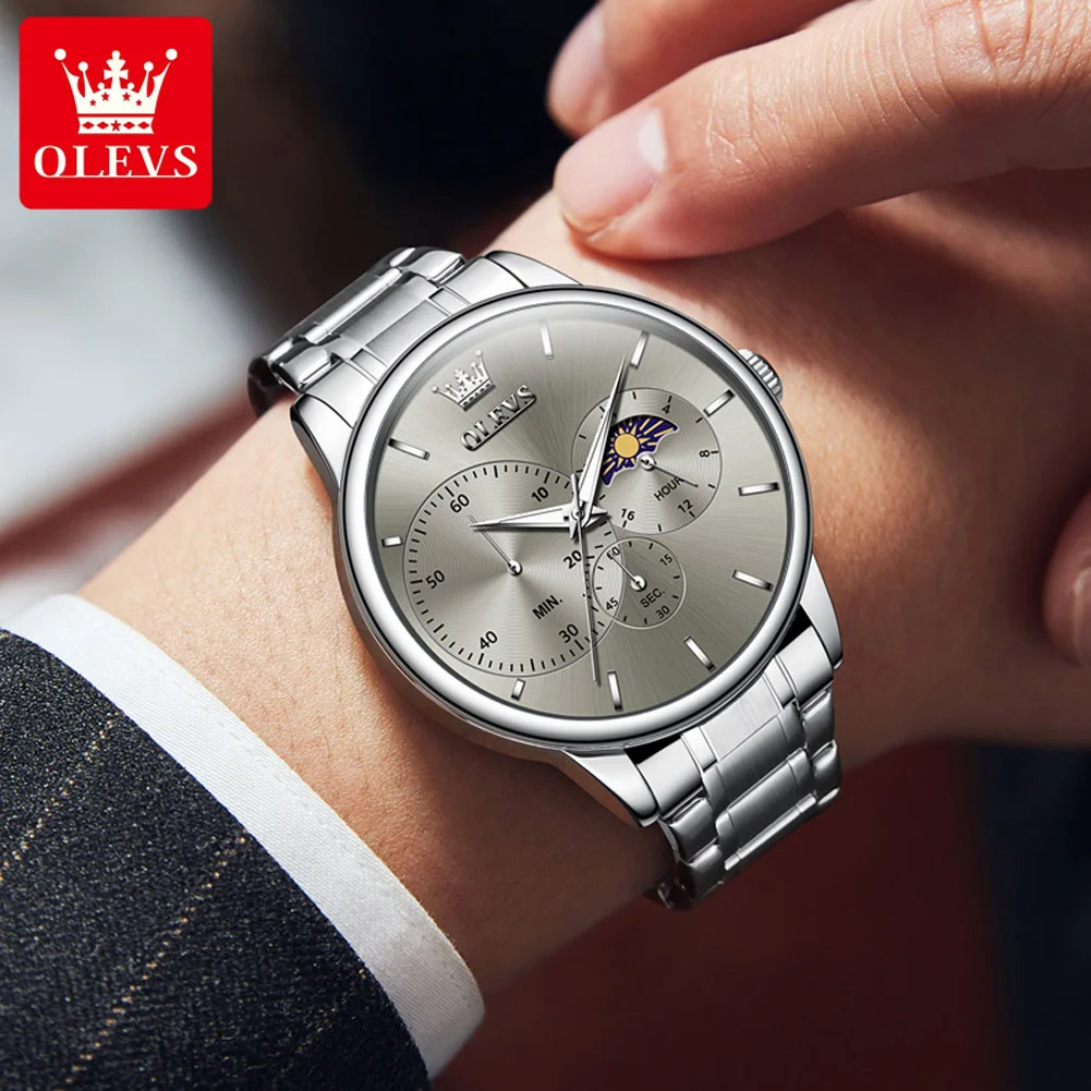 OLEVS Men's Watches 2936 Top Brand Fashion Original Quartz Watch for Man Waterproof Stainless Steel Chronograph Moon Phase 24H