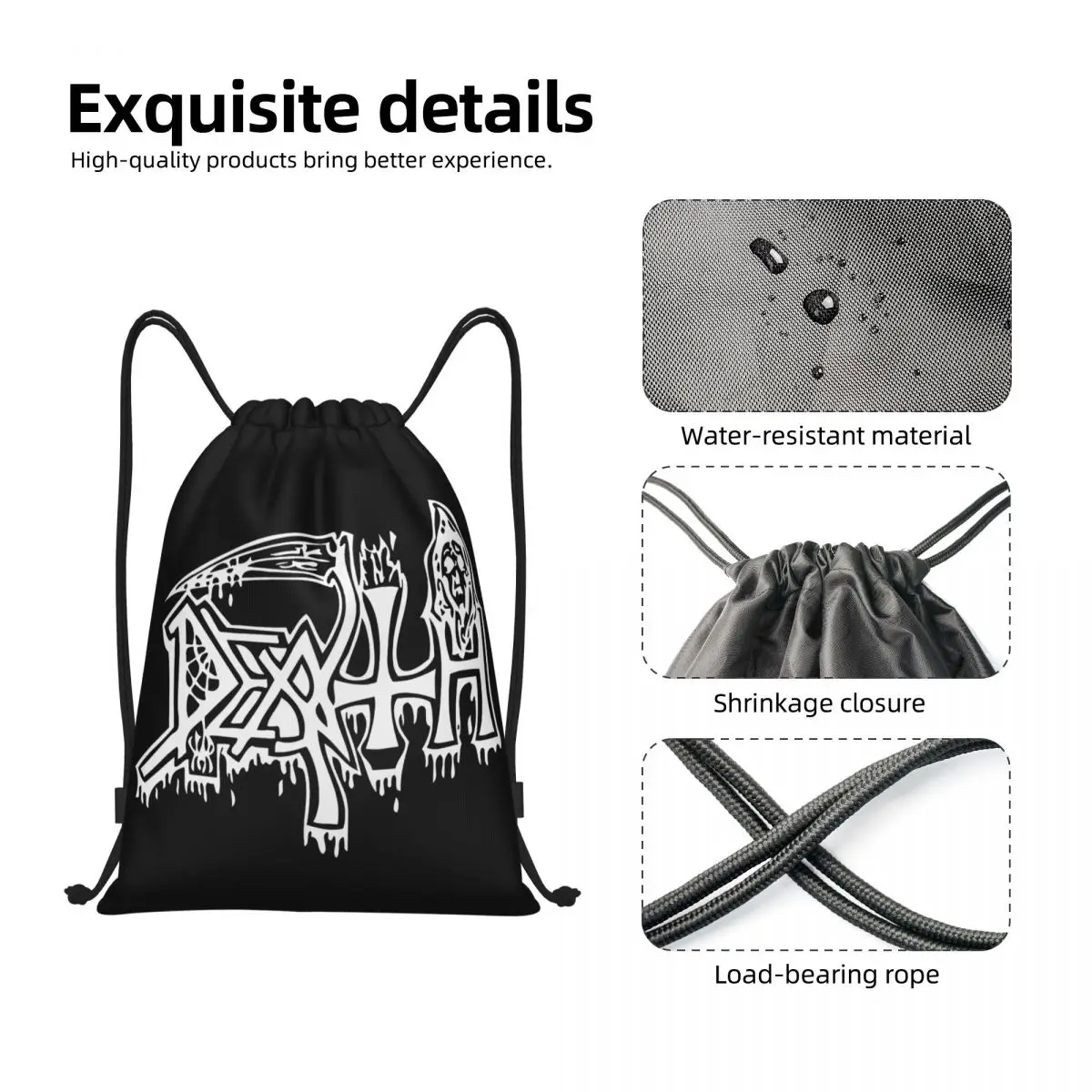 Death Print Drawstring Backpack Sports Gym Bag for Men Women Heavy Metal Rock Gift Shopping Sackpack