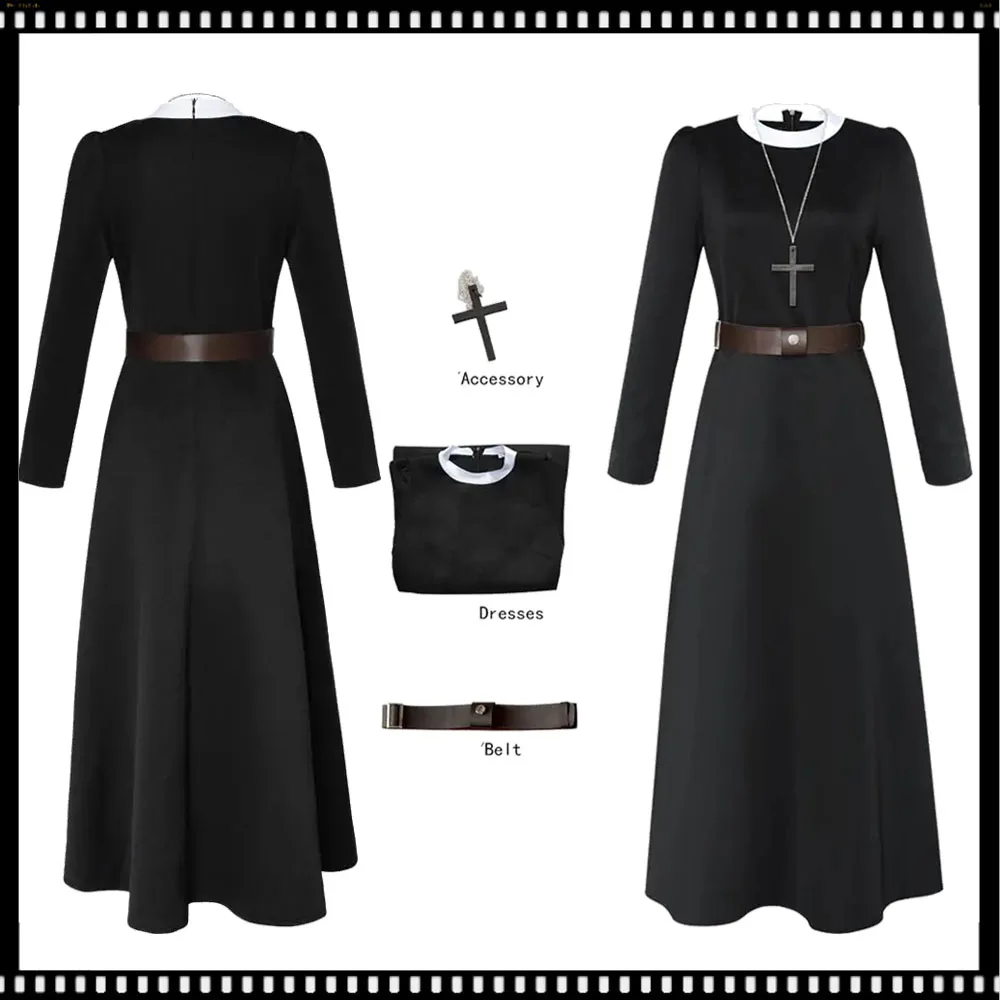 Nun Cosplay Costume Adult Women Black Dress Cross Necklace Belt Movie The Conjuring Outfits Halloween Carnival Clothes Suit