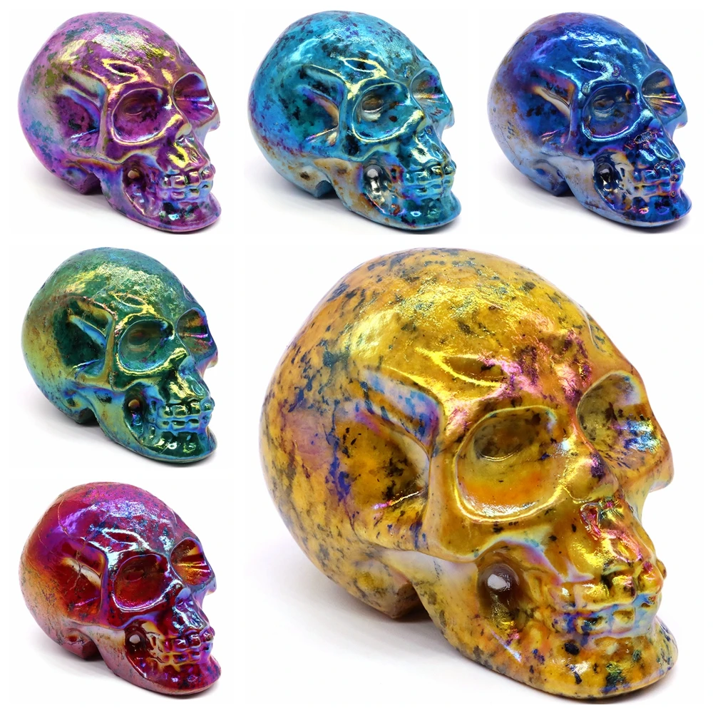 

70mm Natural Gemstone Electroplating Skull Statue Healing Crystal for Witchcraft Reiki Stone Figurine Home Decor Collection Gift