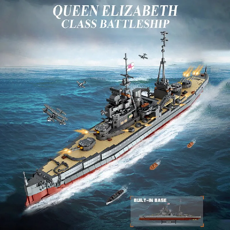 2277-teiliges Queen Elizabeth-Klasse Schlachtschiff-Bausatz Britisches Marine-Kriegsschiff Konstruktions-Bausteine Modellbausatz DIY-Montage mit Drehbaren Kanonen und Ausstellungsständer Spielzeug für