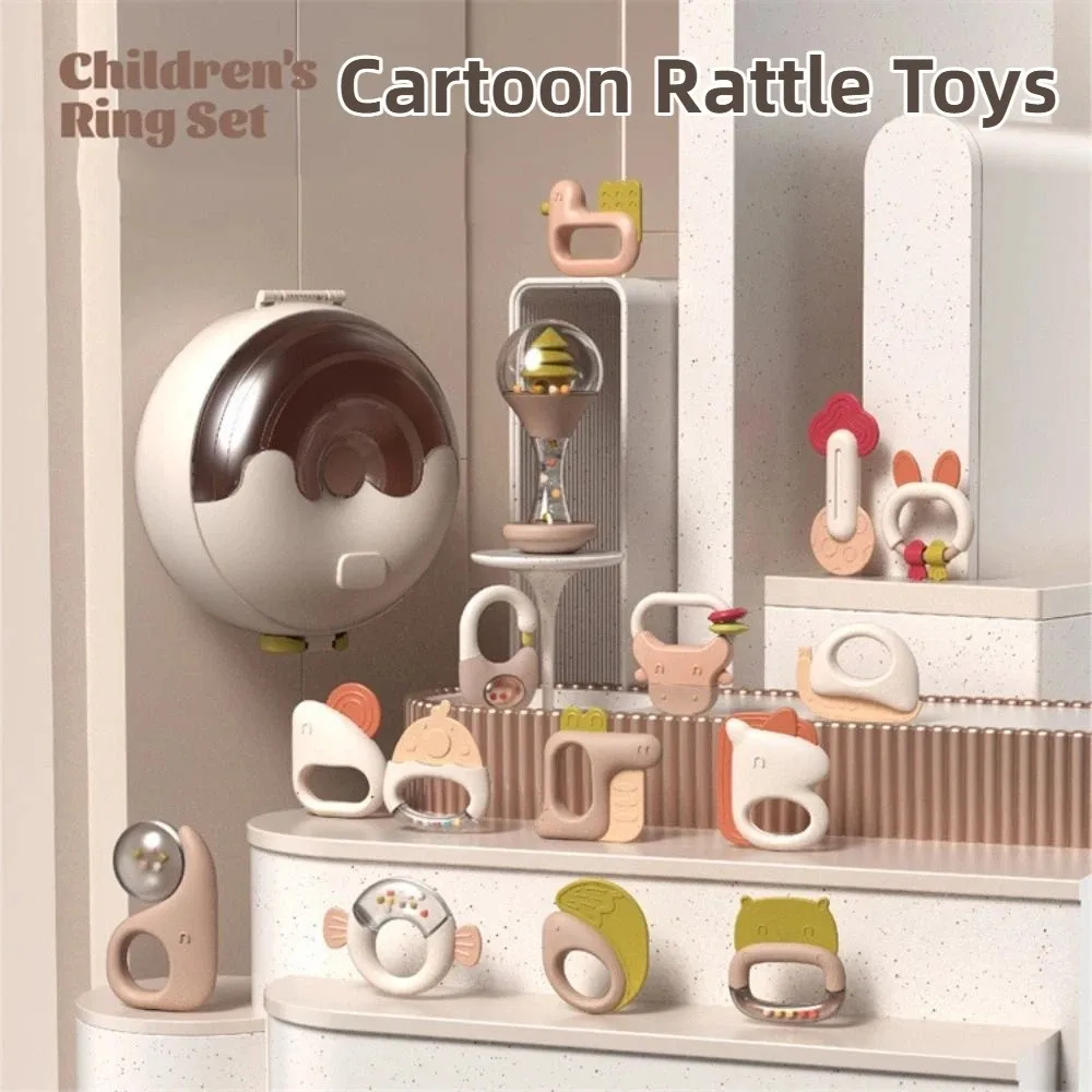 5/6Pcs Creative Silicone Cartoon Rattle Toys Soft Animal Shape Infant Teething Chewing Toy Ring Design Non-slip Grip