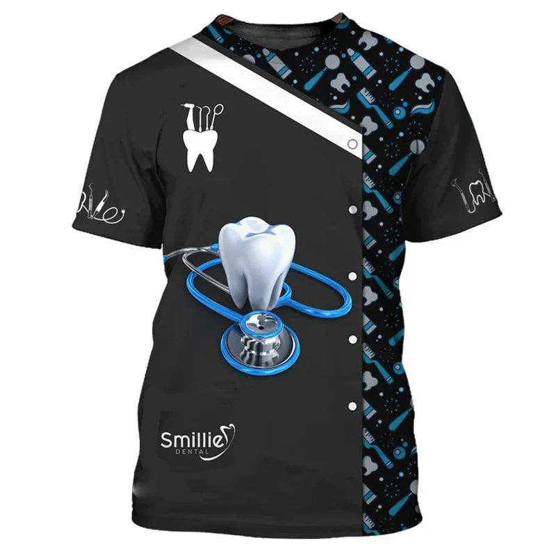 Dentist Work Uniform Funny Cosplay T-shirt For Men Cute Novelty Tooth Design O-neck T Shirts Breathable Oversized Women Tee Top image 2