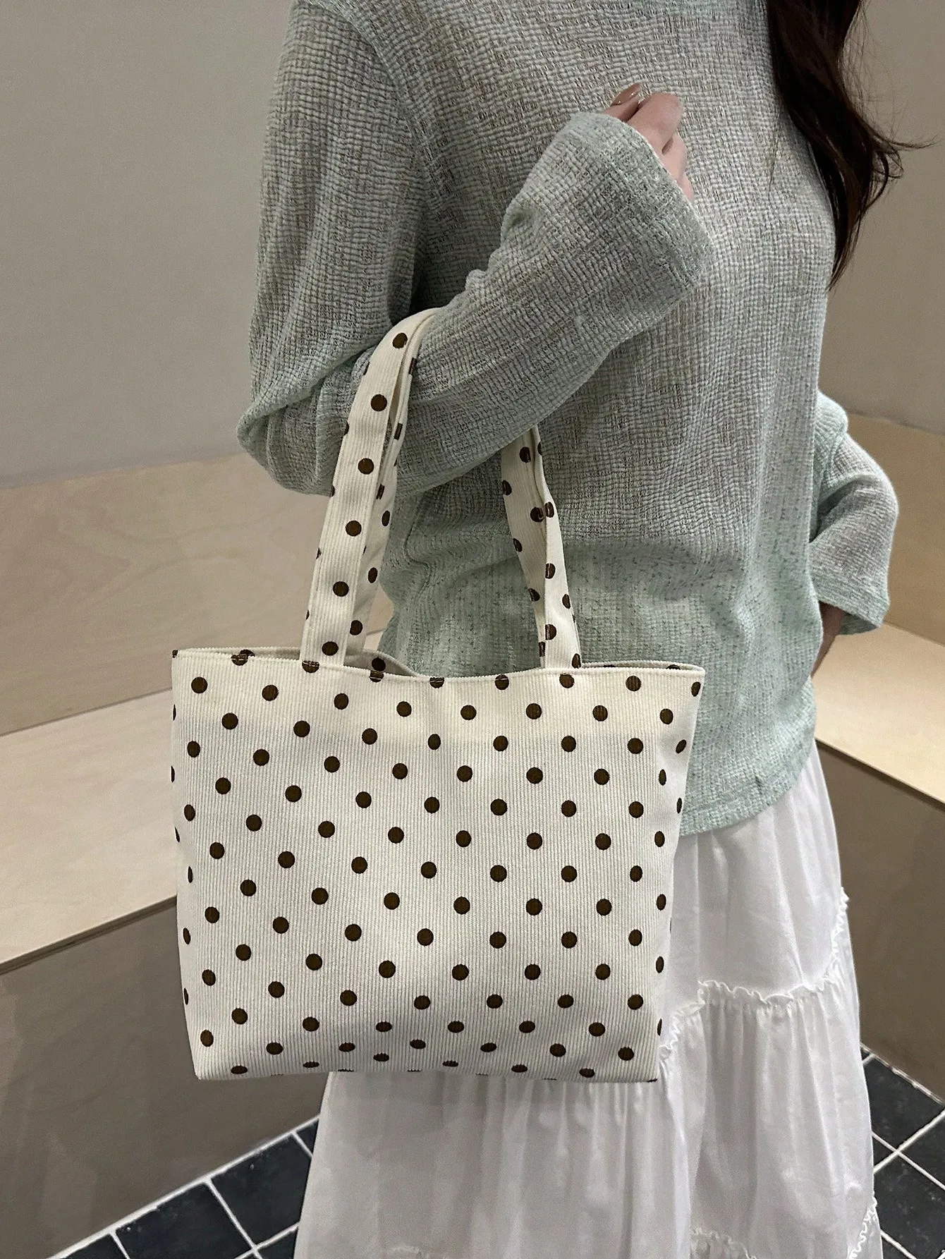 

Minimalist Style Women's Cloth Tote Bag, Polka Dot Handbag, Casual Versatile Shoulder Bag