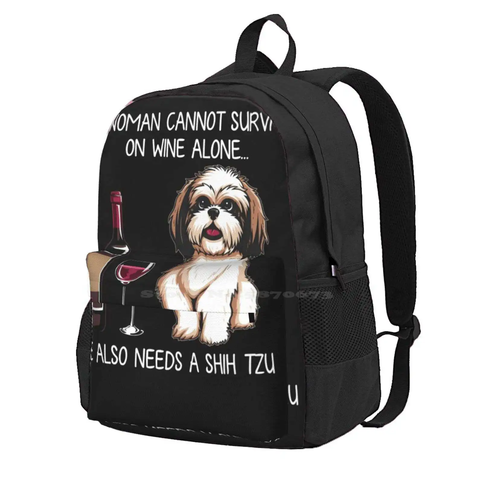 Shih Tzu And Wine Funny Dog Hot Sale Schoolbag Backpack Fashion Bags Dog Mom Doggy Funny Cat And Dog Dog And Wine Funny Dog