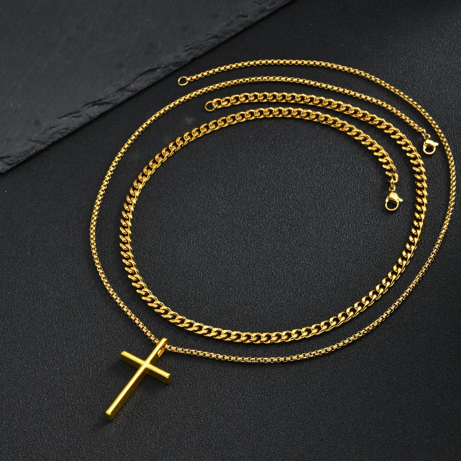 Vnox Mehrschichtige Kreuz-Halskette, Edelstahl-Mehrfachketten-Halsketten mit gedrehtem Panzerketten-Anhänger, Hip-Hop-Schmuck mit religiösem Motiv für Männer. – Detail 23