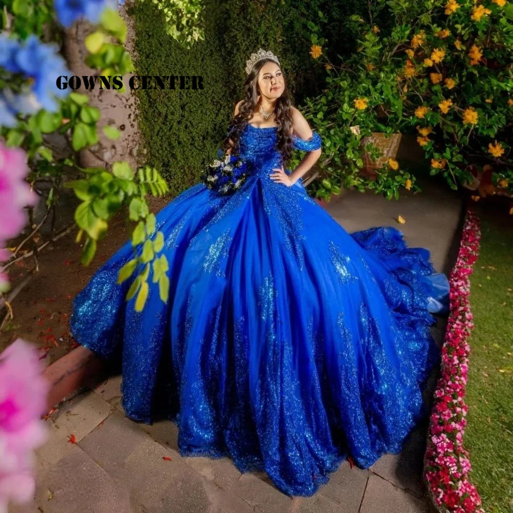 

Royal Blue Sequined Lace Quinceanera Dress Ball Gown Applique Beads Bow Mexico Corset Sweet 16 Vestido De 15 Anos Customized