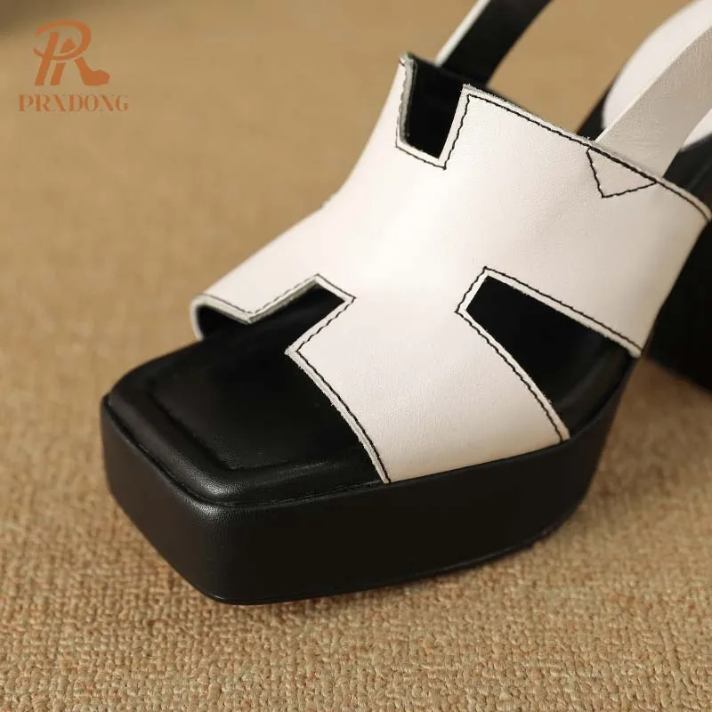 PRXDONG Genuine Leather Summer Shoes Woman Sandals Chunky HIgh Heels Platform Black White Dress Party Female Pumps Size 34-40