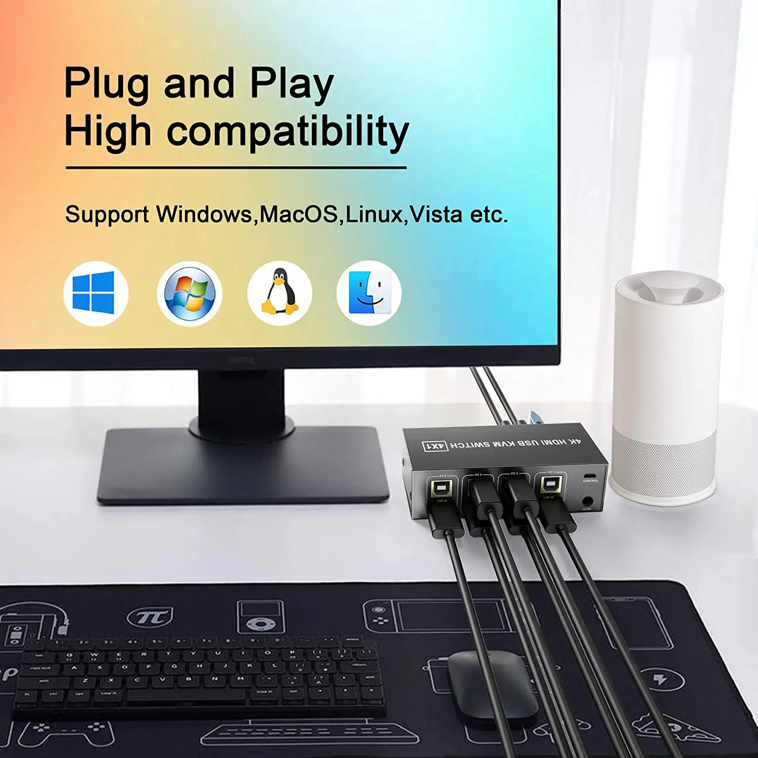 4 Port HDMI KVM Switch 4 in 1 out 4K 60Hz HDMI USB Switch Selector with Desktop Controller for 4 PC Share Monitor Mouse Keyboard