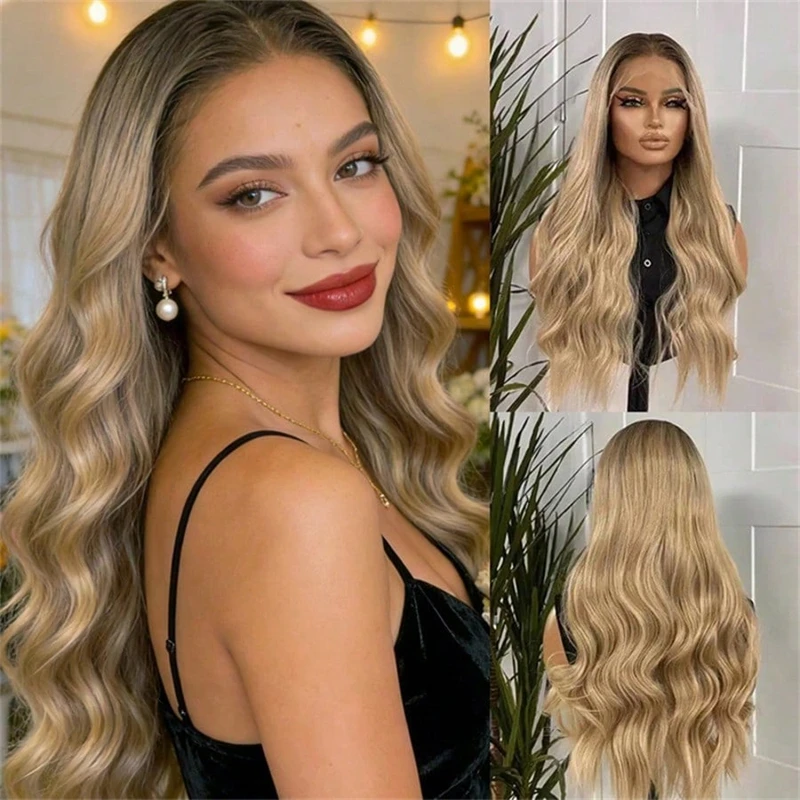

Trendy Wigs Ombre Golden Blonde Soft Body Wave Synthetic Lace Front Wig Preplucked Realistic Hairline Wig Natural Density Wig