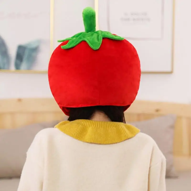 Y5GC Lovely Tomato Plush Hat Funny Fruit Stuffed Headgear Warm Earflap Performance Cosplay Party Photo Props