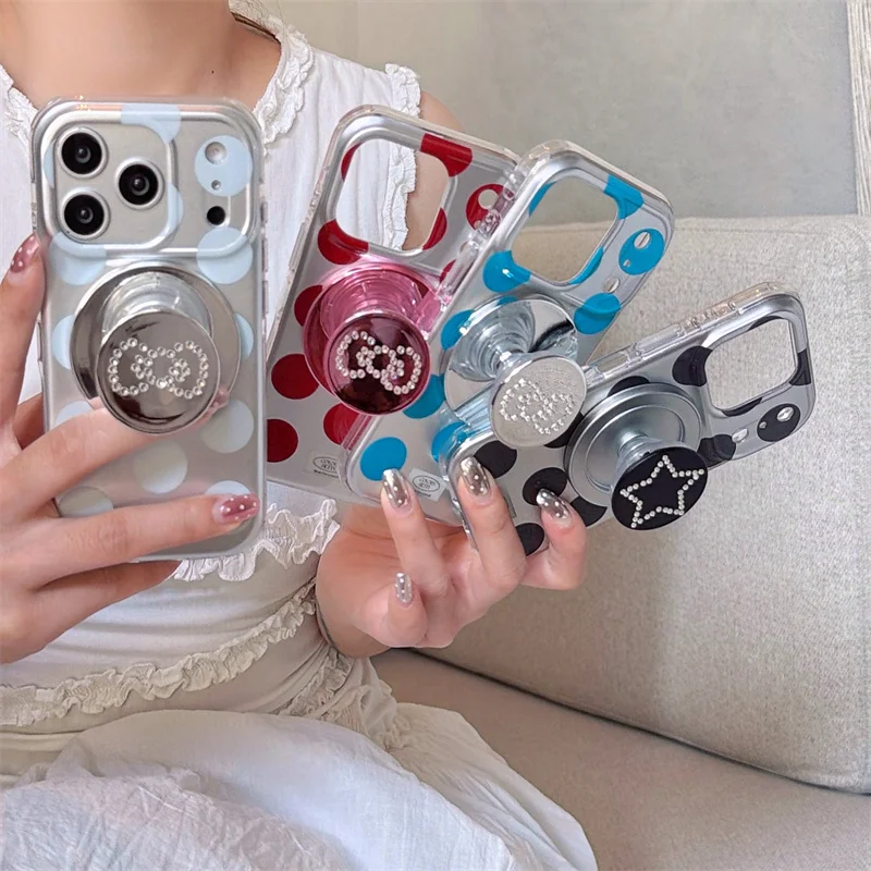 

Luxury Plating Silver Color Polka Dot Magnetic Phone Case For iPhone 17 Pro 16 15 14 Pro Max Cover with Bowknot Holder For Magsa