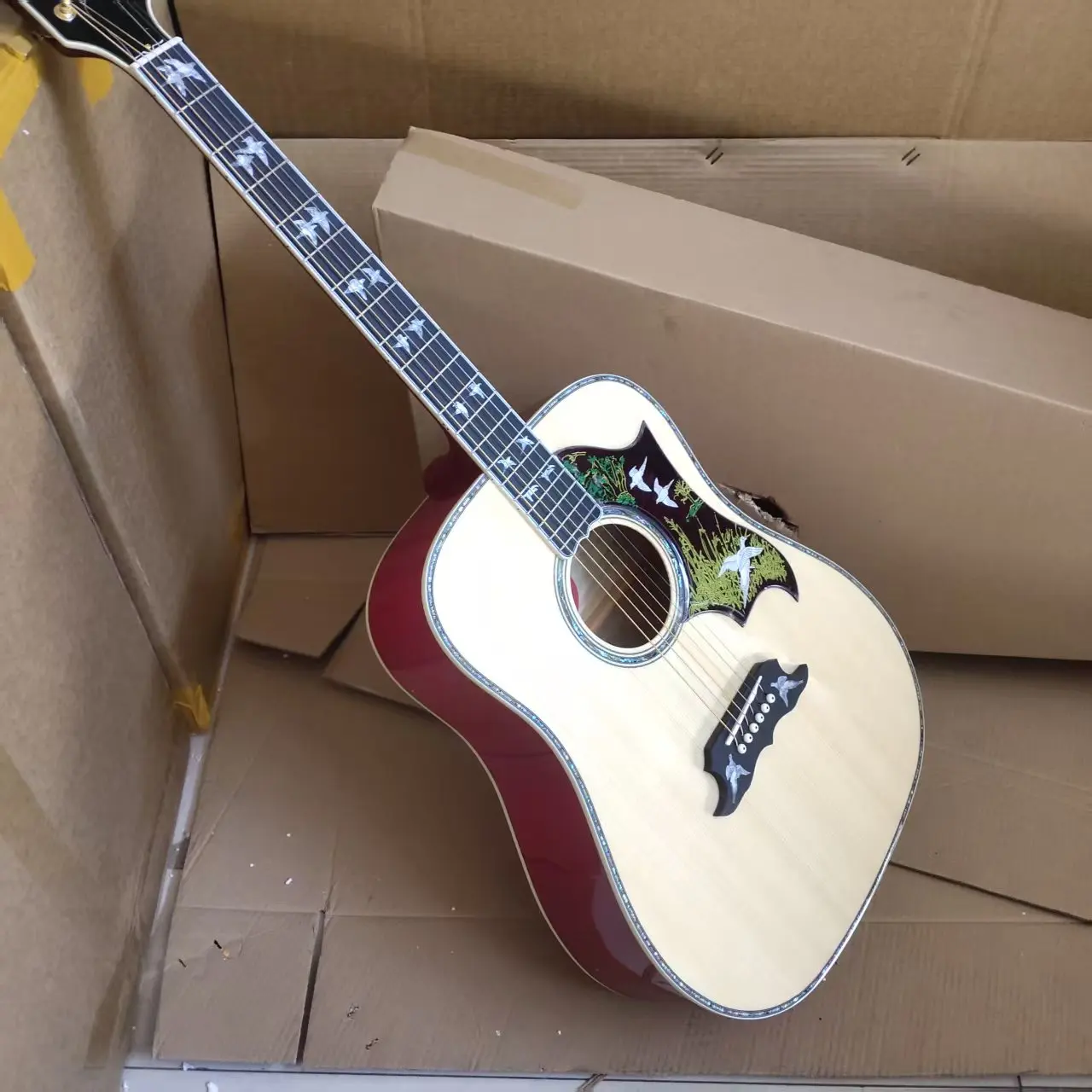 Folk guitar, six strings, mixed colors, with tiger pattern, spruce top, rosewood fingerboard