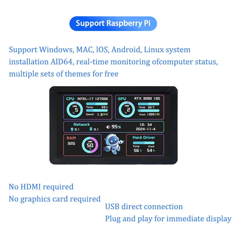 7-inch IPS Secondary touch screen USB computer sub screen supports Raspberry Pi, Windows, Android and other system 7 inch panel