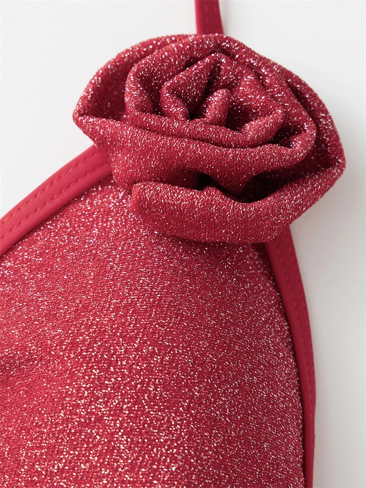 Chronstyle conjunto de biquinis femininos 3d rosa halter amarrar trajes de banho praia biquinis cobrir saias 3 peças roupas de praia 2025