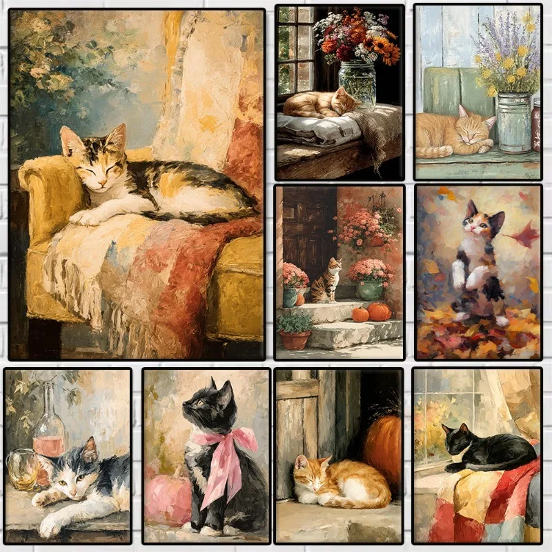 Colourful Cat with Flower Poster Vintage Rustic Animal Cute Kitten Canvas Painting Wall Art for Cottagecore Room Home Decor Gift