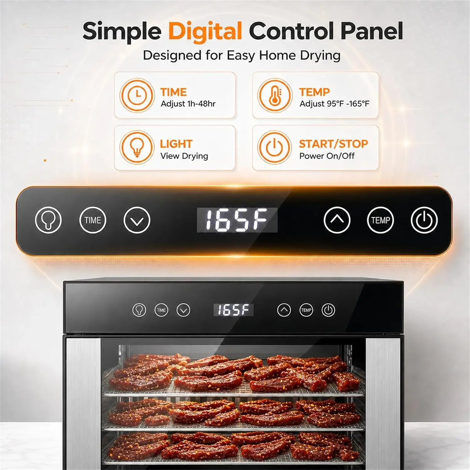 Food Dehydrator, 8 Stainless Steel Trays, 95-165℉ Adjustable Temperature, 48h Digital Timer, Double-Layer Food Dryer