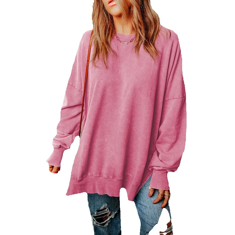 

Autumn New Solid Color Pullover Round Neck Sweater Wom's Casual Style Versatile Extra Long Fleece Covering Sleeve Top