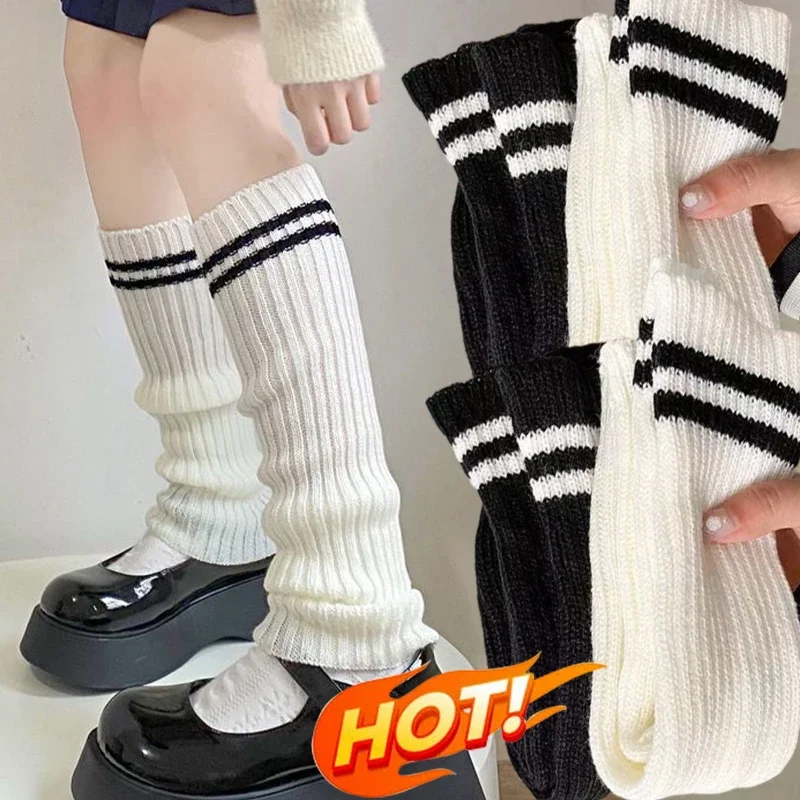 

Fashion Leg Warmers Woman Girls Autumn and Winter Thick Warm Knitted Stockings Sleeves Lolita JK Black White Striped Long Socks
