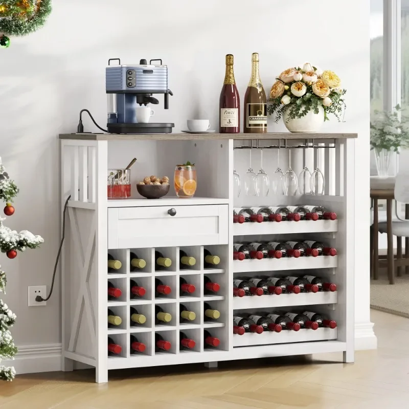 

47" Wine Bar Cabinet, Wine Cabinet with Charging Station and LED Light for Kitchen Living Room, Washed