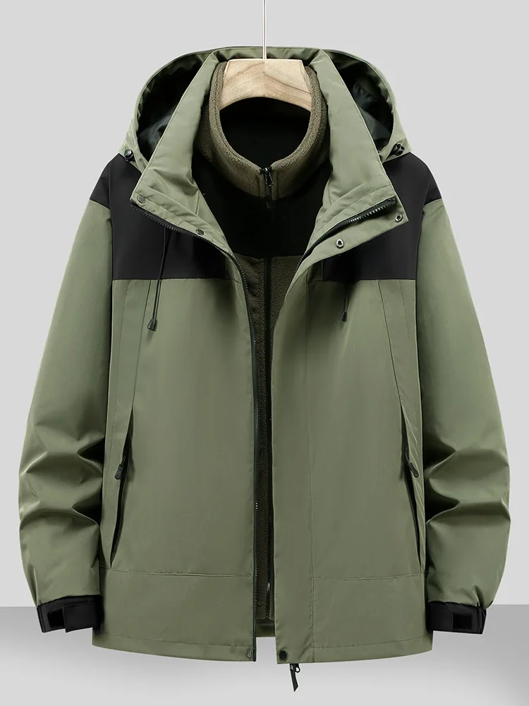 Extra Large Three-in-One Men's Jacket Autumn Winter Outdoor Windproof Detachable Thickened Outerwear Polyester Fiber Coat