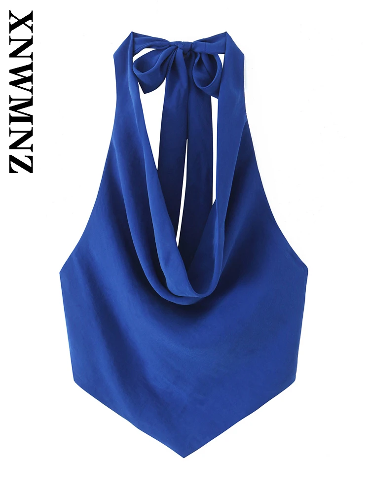 

XNWMNZ 2025 Summer New Woman's Fashion Chic Shoulder Sleeveless Backless Top Party Woman Blue Halter Sexy Tie