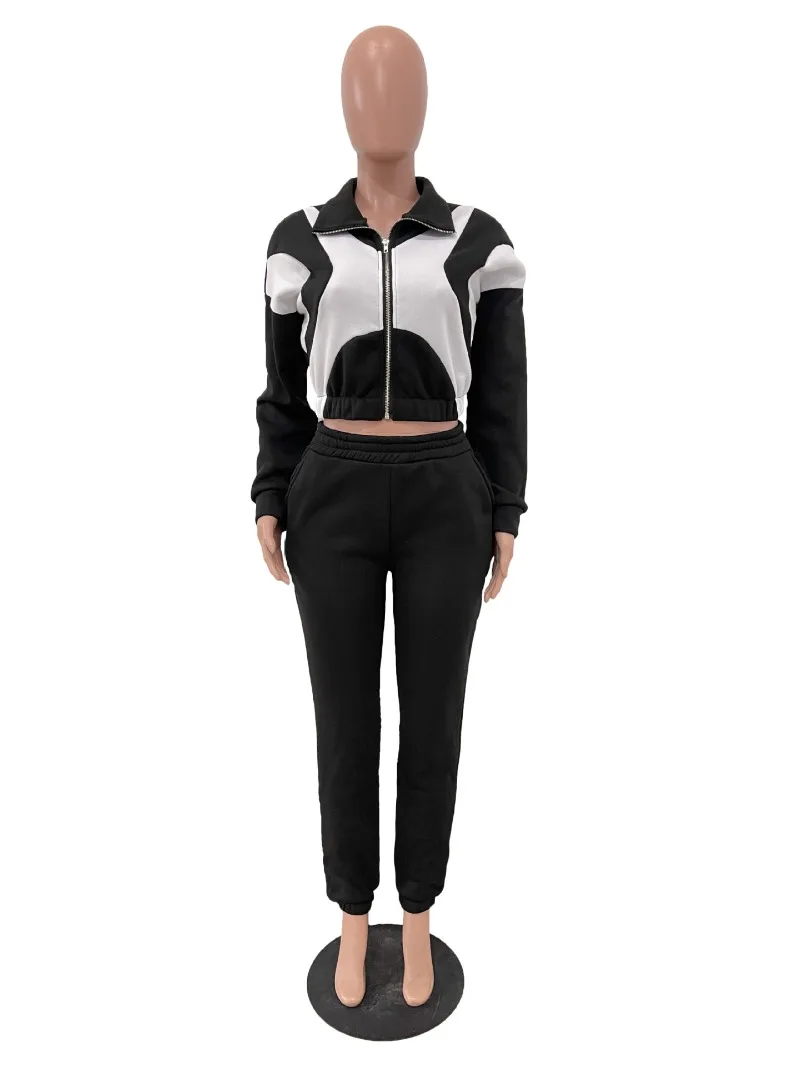 Color Patchwork Women Tracksuits Fashion Casual Two Piece Set Long Sleeve Zip-Up Sweatshirts Crop Top Elastic Pants Jogger Suits